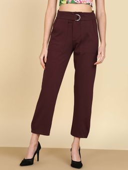 Saffe - Women Maroon Solid Polyester Blend Trouser with Belt
