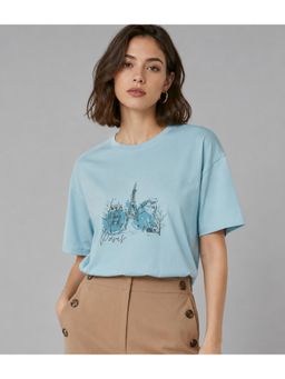 Twenty Dresses by Nykaa Fashion - Blue Printed Drop Shoulder Sleeves Cotton T-Shirt
