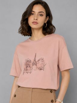 Twenty Dresses by Nykaa Fashion - Pink Printed Drop Shoulder Sleeves Cotton T-Shirt