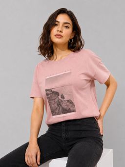 Twenty Dresses by Nykaa Fashion - Pink Printed Drop Shoulder Sleeves Cotton T-Shirt