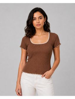 Twenty Dresses by Nykaa Fashion - Womens Brown Solid Brown Rib Scoop Neck Top