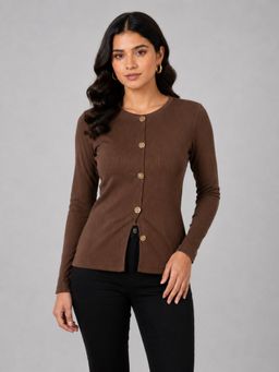 Twenty Dresses by Nykaa Fashion - Womens Golden Botton Brown Rib Full Sleevee Top