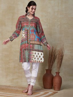 FASHOR - Floral Printed Wooden Buttoned Kurta - Multi
