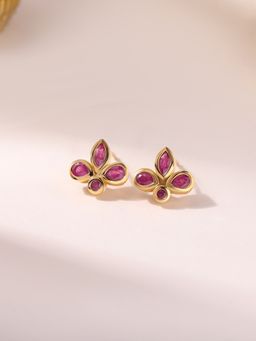 Ornate Jewels - 925 Silver 18K Gold Plated Natural Indian Ruby Flora Stud Earring for Women & Girls