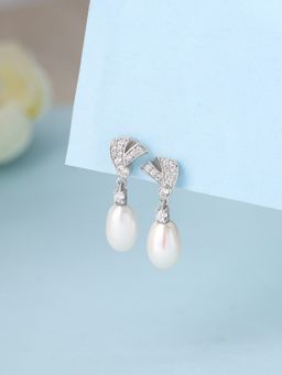 Ornate Jewels - 925 Silver Rhodium Plated Natural White Pearl Dangle Earring for Women & Girls