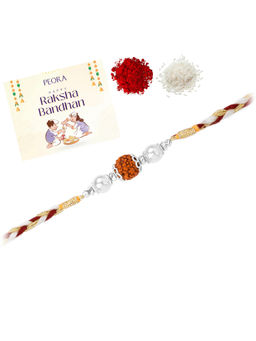 Peora - Sterling Silver Rudraksh Rakhi with Roli Chawal & Greeting Card