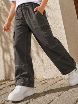 Purple United Kids - Grey Solid Cotton Regular Trouser