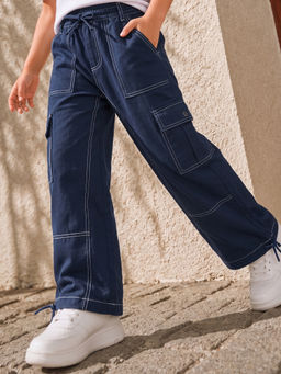 Purple United Kids - Navy Blue Solid Cotton Regular Trouser