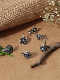 Fida - Wedding Ethnic Oxidized Silver Set Of 6 Tribal Nose Rings For Women