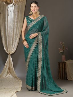 Akhilam - Womens Georgette Teal Blue Zari Embroidered Designer Saree with Unstitched Blouse