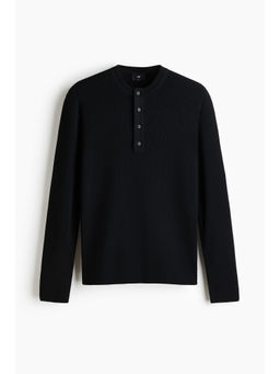 H&M - Men Black Slim Fit Ribbed Henley T-Shirt