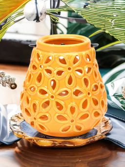 At Home by Nilkamal - Floral Cutwork Lantern Candle Stand (Mustard)