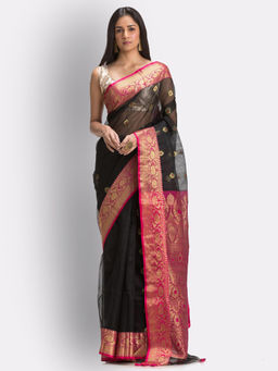 Angoshobha - Women's Handloom Black Kanchipuram Art Silk Saree with Unstitched Blouse