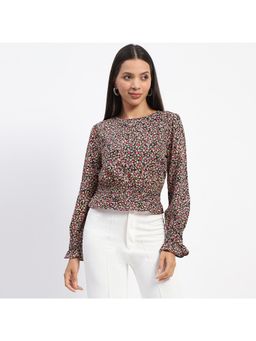 Madame - Floral Print Cinch Waist Black Top