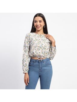 Madame - Floral Print Drawstring Waist Multicolor Top