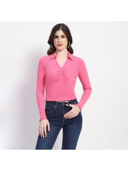 Madame - Collared Neckline Scallop Hem Ruched Pink Top