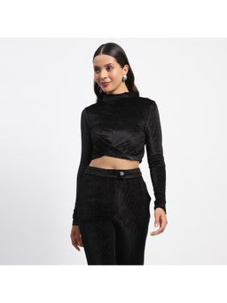 Madame - Shimmery Wrap Black High Neck Crop Top