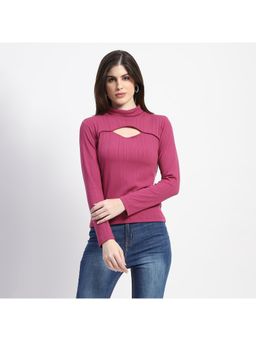 Madame - Chest Cutout Plum Ribbed Cotton Top