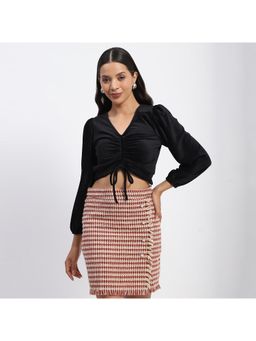 Madame - Ruched V Neck Puff Sleeve Crop Top