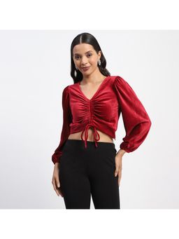 Madame - Ruched V Neck Velvet Crop Top