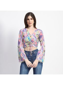 Madame - Ruched Abstract Print Bell Sleeves Lilac Crop Top