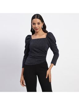 Madame - Gathered Shimmery Square Neck Navy Top