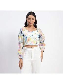 Madame - Queen Anne Neckline Floral Print Puff Sleeve White Crop Top