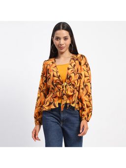 Madame - Abstract Print Tie Front Yellow Top