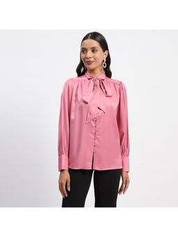 Madame - Tie Up Neck Cuffed Sleeve Pink Top