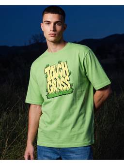 Bewakoof - Men's Green Touch Grass Typography Oversized T-Shirt