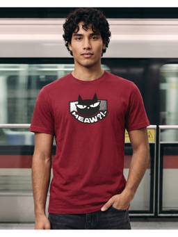 Bewakoof - Men's Red Meaw Cat Printed T-Shirt