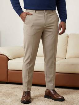 Subtract - Beige Men Stretch Flex Waist Slim Fit Formal Trousers