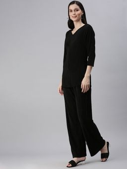 SHOWOFFFF - Womens Solid Black V-neck Co-ords (Set of 2)