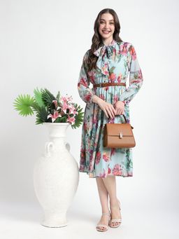 R&B - Green All Over Print Regular Dress with Belt