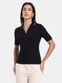 R&B - Black Regular Fit Solid Polo T-Shirts