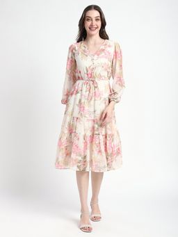 R&B - Beige All Over Print Regular Dress