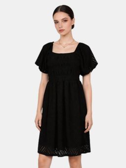 R&B - Black Self Design A-Line Dress