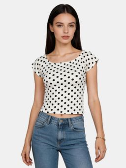 R&B - Ivory Polka Dot Printed Fitted Crop Top