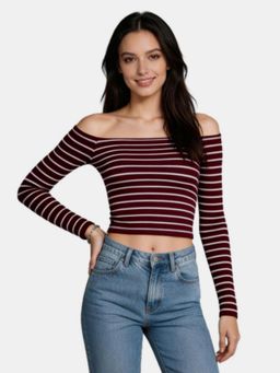 R&B - Maroon Striped Fitted Crop Top