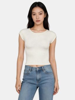 R&B - Off White Solid Fitted Crop Top