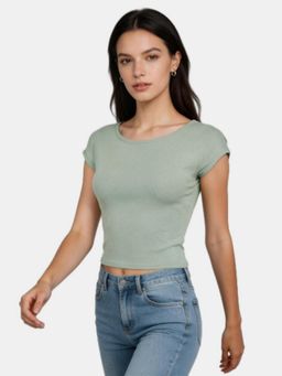 R&B - Green Solid Fitted Crop Top