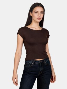 R&B - Brown Solid Fitted Crop Top