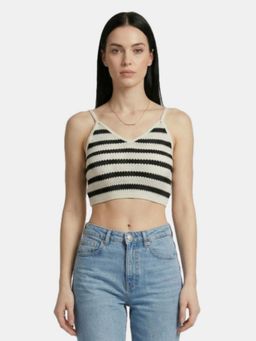 R&B - Off White Striped Fitted Crop Top