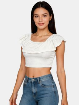 R&B - Off White Solid Fitted Crop Top
