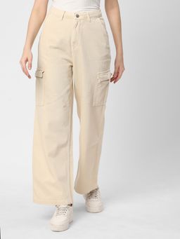 R&B - Solid Wide Cotton Beige Cargo Jeans