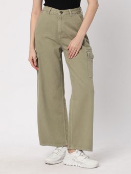 R&B - Solid Wide Cotton Olive Cargo Jeans