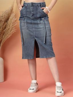 COSMIC TRIO - Washed A-Line Denim Utility Pocket Knee-Length Skirt