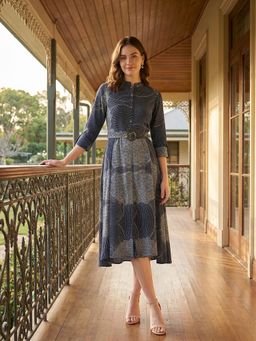 ZUMMER - Navy Blue Viscose Rayon Printed Dress with Belt