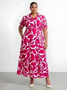 Indietoga - Pink Plus Size Printed Rayon Flare Dress