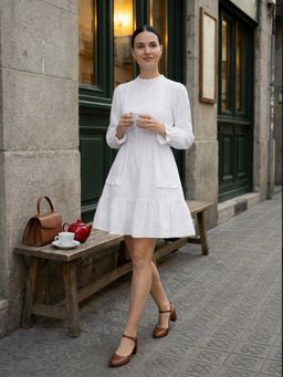 ZUMMER - White Cotton Solid Dress